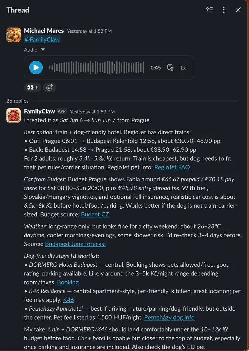 A FamilyClaw Slack thread comparing trains, rental cars, weather, and dog-friendly hotels for Budapest