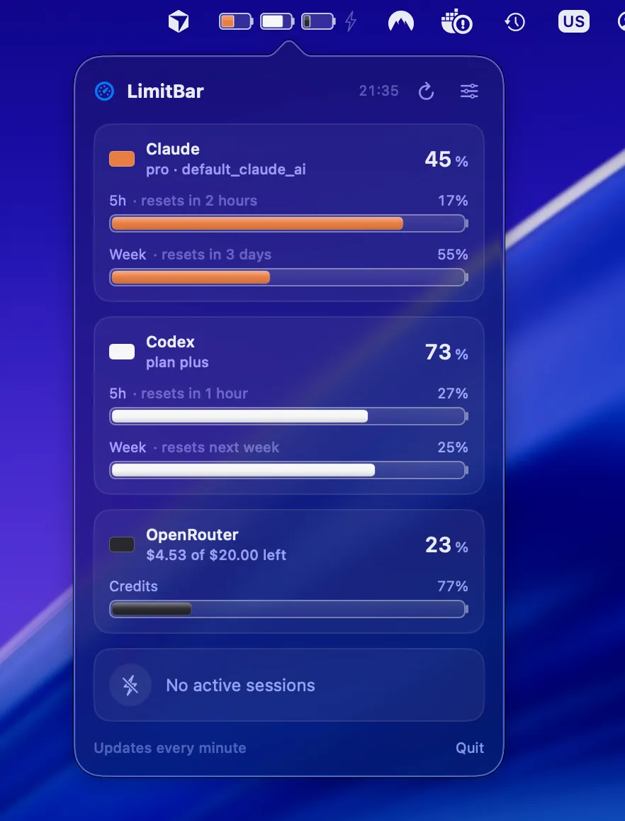 LimitBar showing Claude, Codex, and OpenRouter usage limits