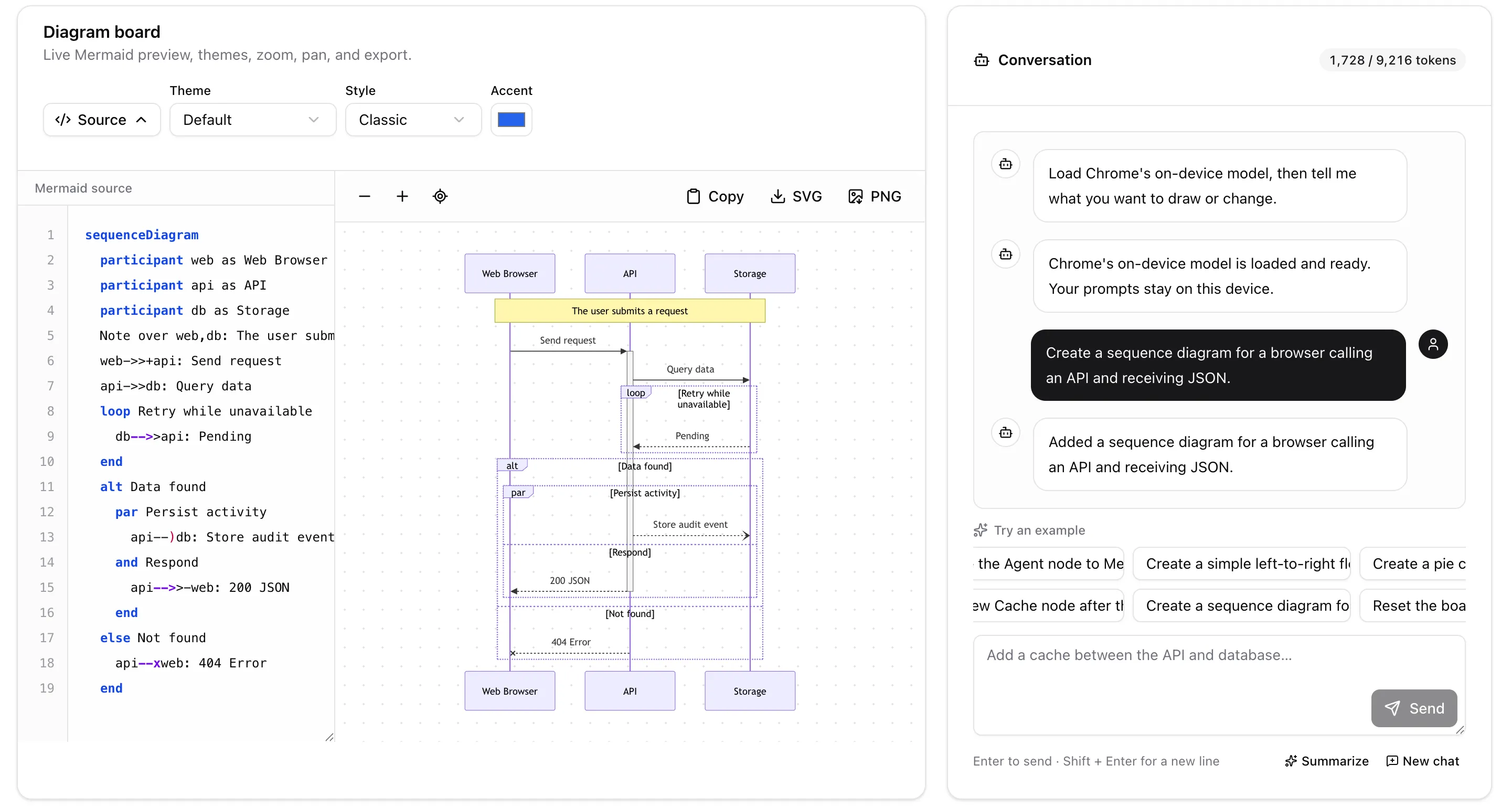 The on-device Mermaid agent creating a sequence diagram from a natural-language prompt